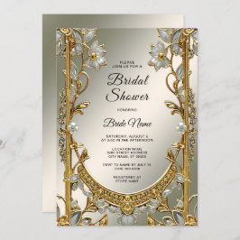 Invitación Ducha nupcial dorada con flores blancas