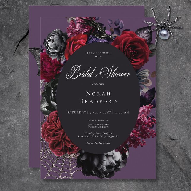 Invitación Ducha nupcial dorada glam floral de Halloween oscu (Dark Halloween Glam Floral Purple Bridal Shower Invitation)