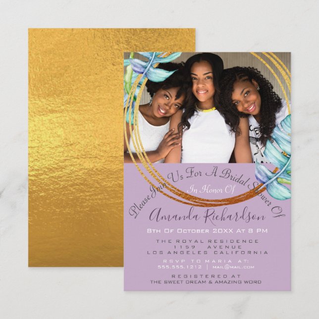 Invitación Ducha nupcial Dulce 16ª Foto Floral de oro Lavende (Anverso / Reverso)