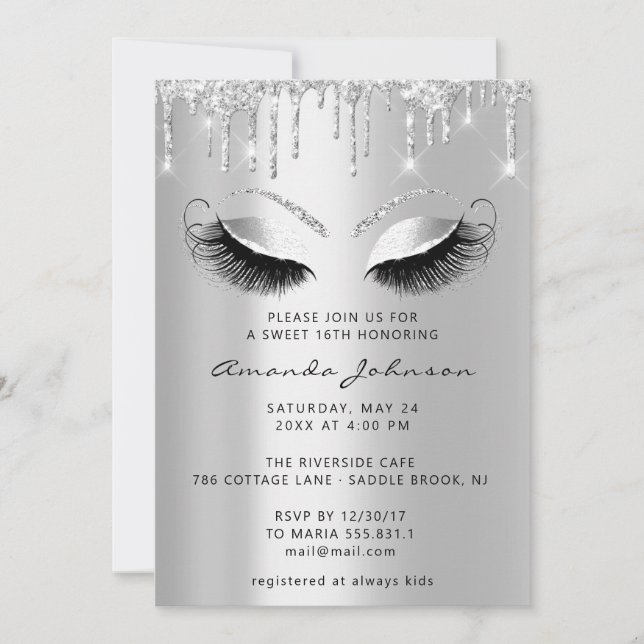Invitación Ducha nupcial Dulce 16º Purpurina Lash Silver Drip (Anverso)