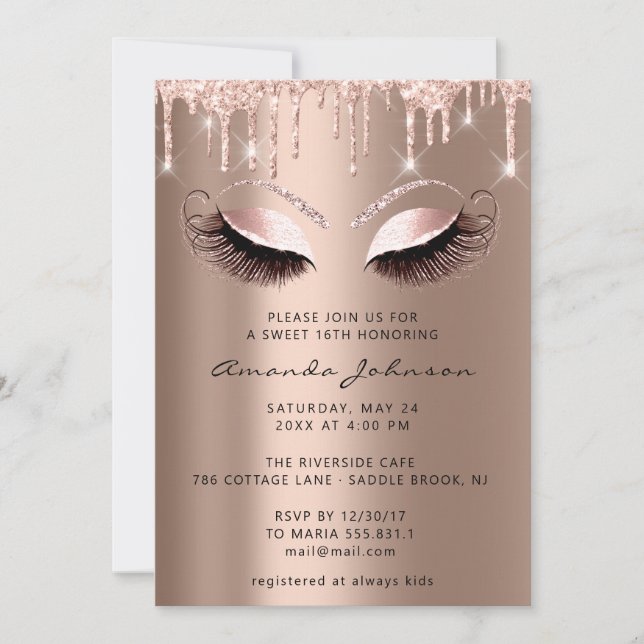 Invitación Ducha nupcial Dulce 16º Rosa Purpurina Perforacion (Anverso)