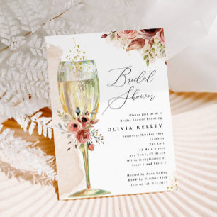 Invitación Ducha nupcial Earthy Floral Champagne Glass