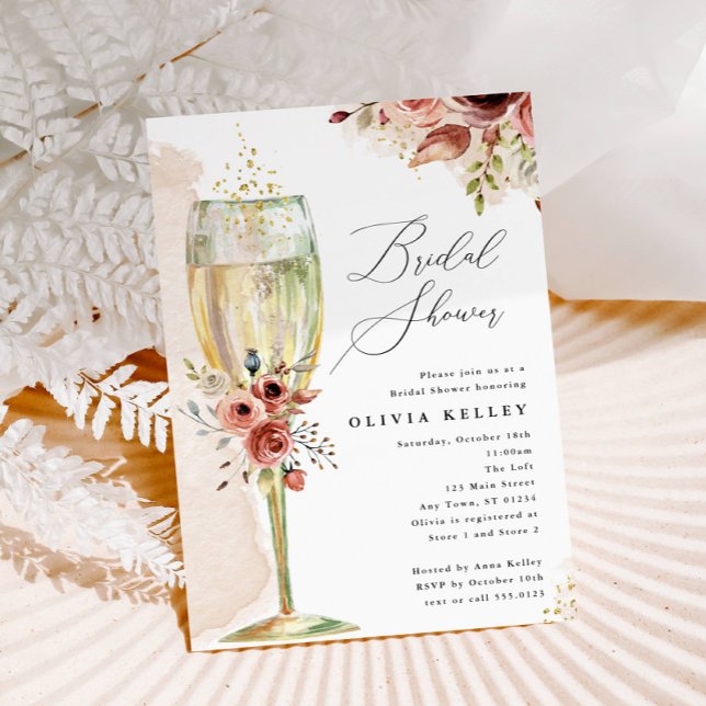 Invitación Ducha nupcial Earthy Floral Champagne Glass (Subido por el creador)