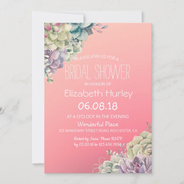 Invitación Ducha nupcial Elegante Acuarela Suculentas Plantas (Anverso)