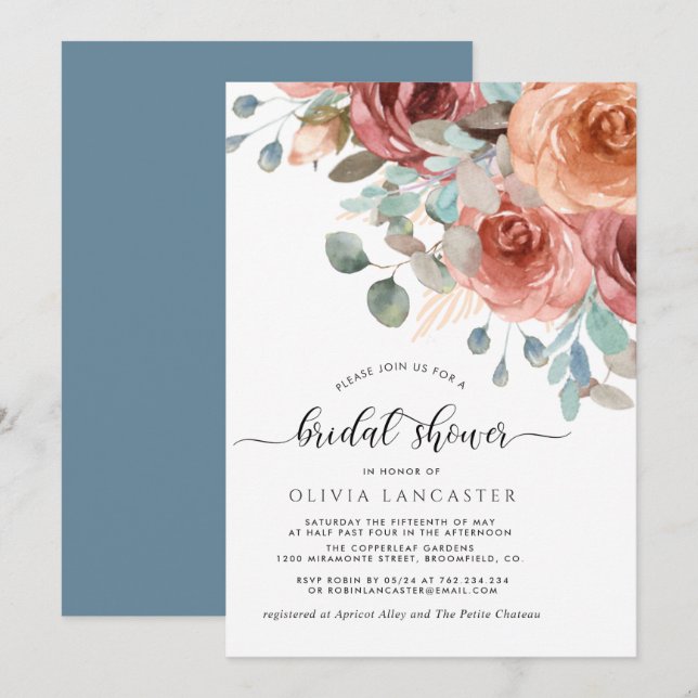 Invitación Ducha nupcial, elegante azul turbio y floral Rubor (Anverso / Reverso)