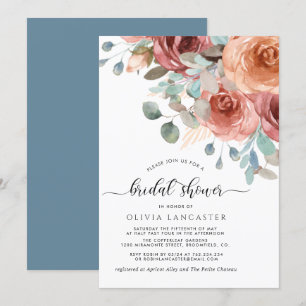 Invitación Ducha nupcial, elegante azul turbio y floral Rubor