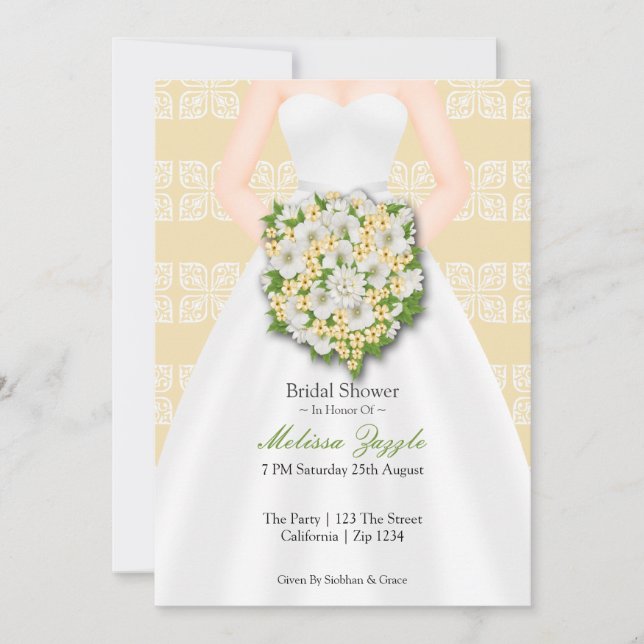Invitación Ducha nupcial Elegante Boda Vestido Flores Amarill (Anverso)