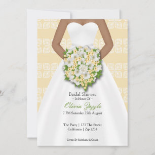 Invitación Ducha nupcial Elegante Boda Vestido Flores Amarill