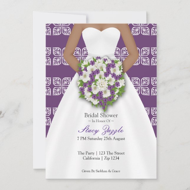 Invitación Ducha nupcial Elegante Boda Vestido Flores Púrpura (Anverso)
