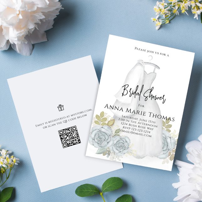 Invitación Ducha nupcial Elegante caligrafía Vestido de escri (Elegant Bridal Shower invitation with beautiful blue floral roses and wedding gown)