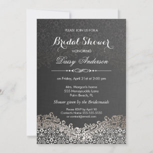Invitación Ducha nupcial - Elegante Damasco de plata negra
