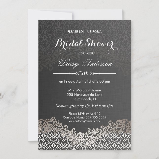 Invitación Ducha nupcial - Elegante Damasco de plata negra (Anverso)