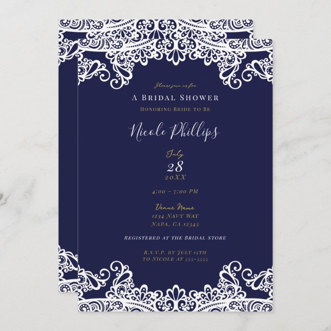 Invitación Ducha nupcial elegante de canto blanco y azul de l (Anverso / Reverso)