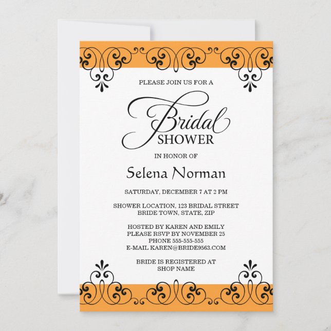 Invitación Ducha nupcial elegante del damasco del naranja y (Anverso)