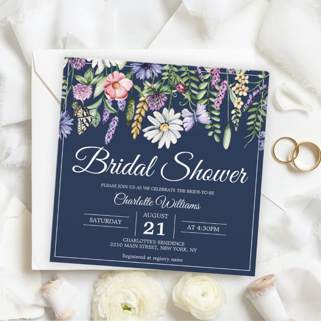 Invitación Ducha nupcial Elegante Marina Flora Azul (Bridal Shower Elegant Wildflowers Navy Blue Floral Invitation
)