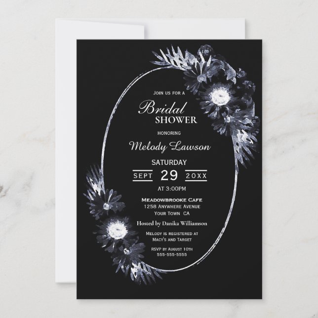 Invitación Ducha nupcial elegante Moody Floral negro (Anverso)
