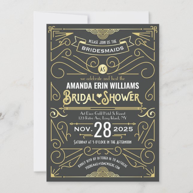 Invitación Ducha nupcial Elegante Oro Gris Retro Art Deco (Anverso)