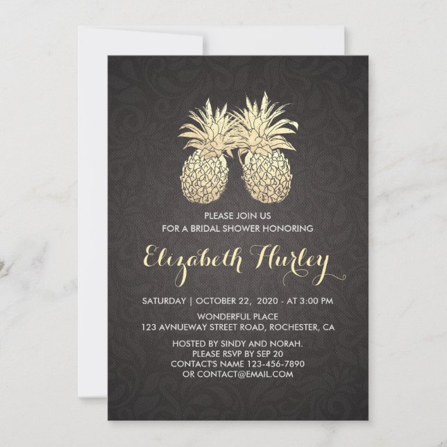 Invitación Ducha nupcial Elegante Pareja de Piña de Oro Negro (Anverso)