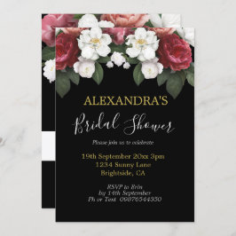 Invitación Ducha nupcial Elegante Rosas de Borgoña Moda negra