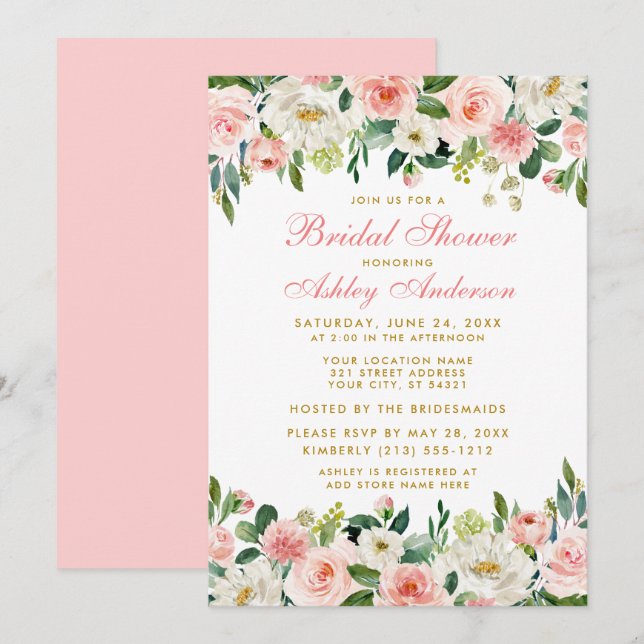 Invitación Ducha nupcial Elegante Rubor Floral rosa (Anverso / Reverso)