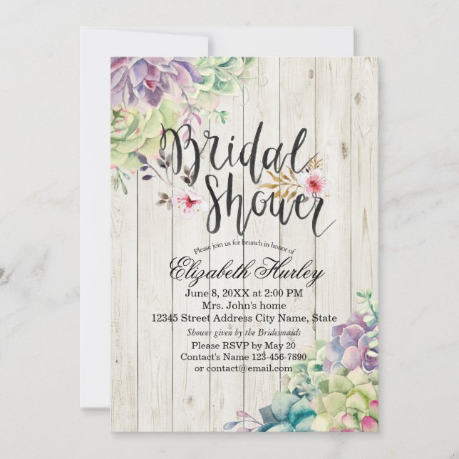 Invitación Ducha nupcial Elegante Suculentas Plantas Madera R (Anverso)