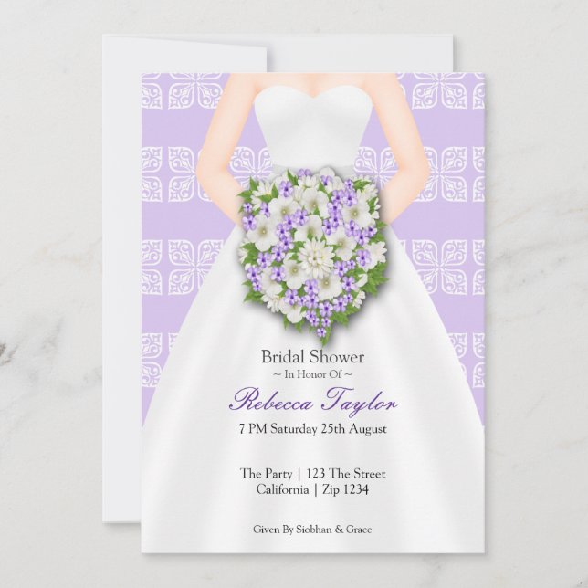 Invitación Ducha nupcial Elegante Vestido De Boda Flores Lila (Anverso)