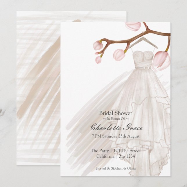 Invitación Ducha nupcial Elegante vestido de novia Flores ros (Anverso / Reverso)