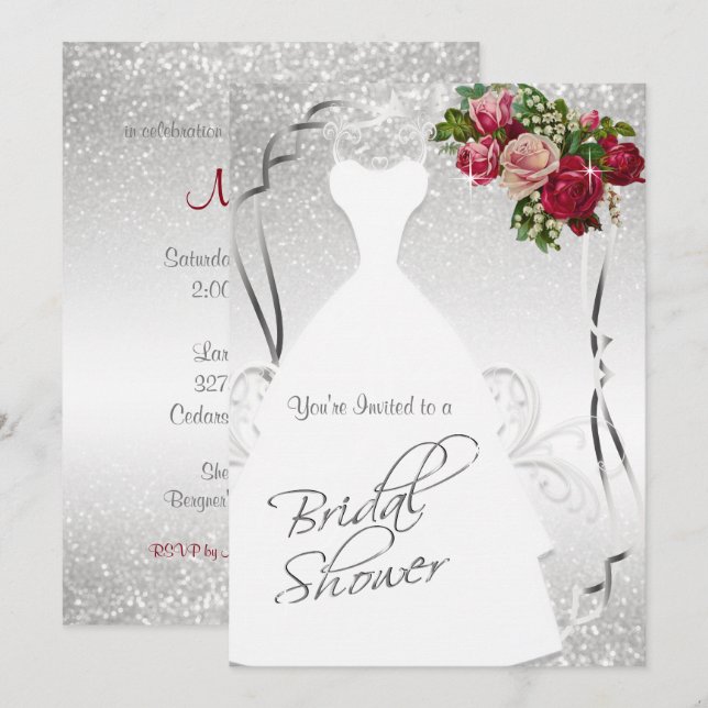 Invitación Ducha nupcial en blanco y Purpurina plateado (Anverso / Reverso)