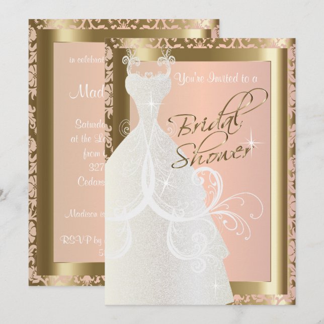 Invitación Ducha nupcial en oro metálico y rosa rosado (Anverso / Reverso)