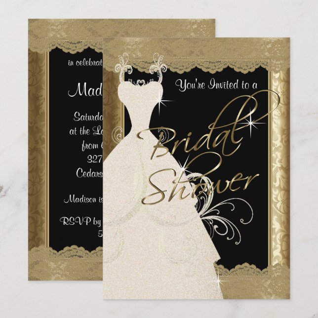Invitación Ducha nupcial en oro y encaje metálico de época (Anverso / Reverso)