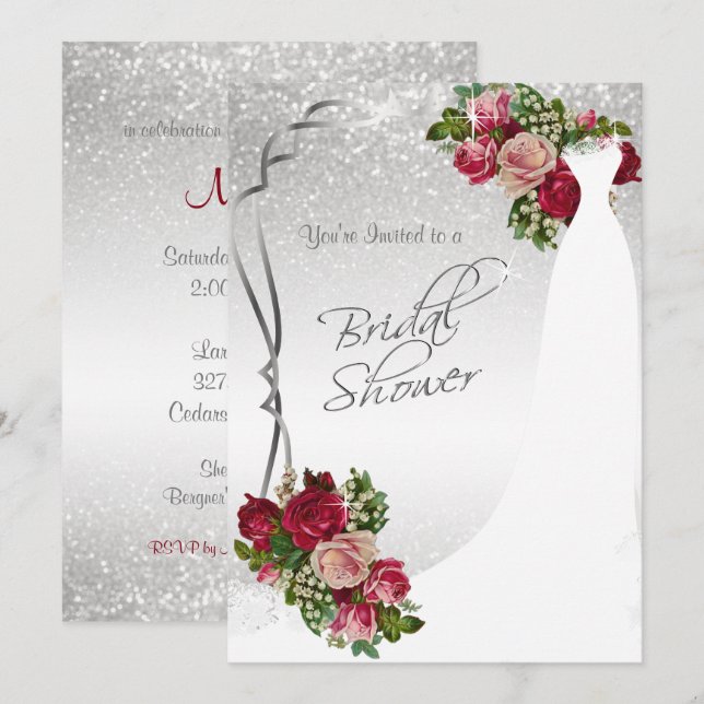 Invitación Ducha nupcial en Purpurina blanco y plateado (Anverso / Reverso)