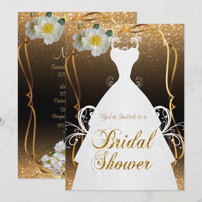 Invitación Ducha nupcial en purpurina del oro y flores (Anverso / Reverso)