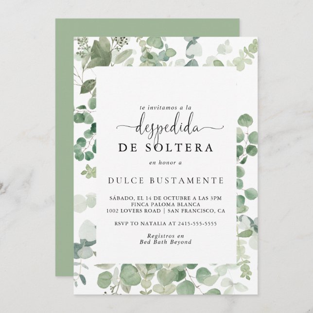 Invitación Ducha nupcial española de eucalipto verde minimali (Anverso / Reverso)