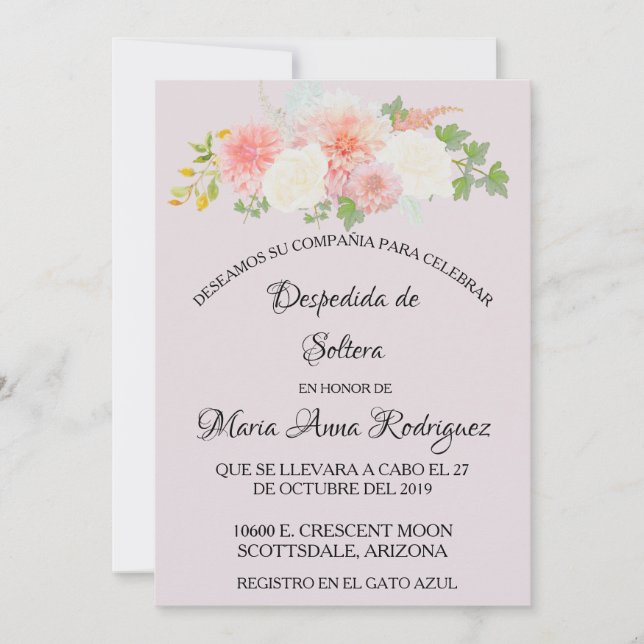 Invitación Ducha nupcial española Rubor Floral de marfil rosa (Anverso)