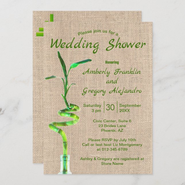 Invitación Ducha nupcial espiral Lucky Bamboo Rustic Burlap (Anverso / Reverso)