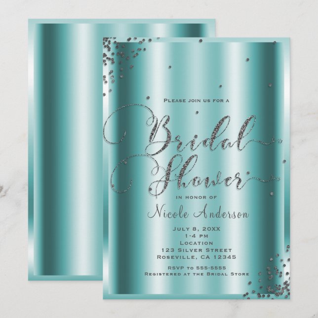 Invitación Ducha nupcial Esquinas de Aqua Confetti de Plata M (Anverso / Reverso)
