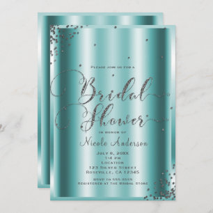 Invitación Ducha nupcial Esquinas de Aqua Confetti de Plata M