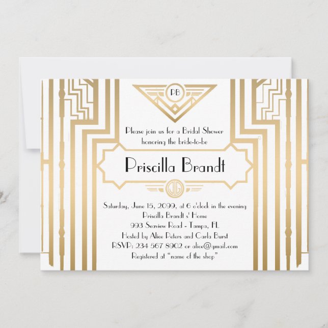 Invitación Ducha nupcial, estilo gatsby, blanco y dorado, art (Anverso)