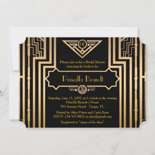 Invitación Ducha nupcial, estilo Gatsby, negro y oro