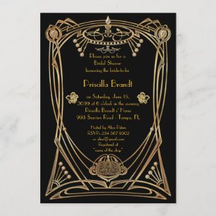 Invitación Ducha nupcial, estilo Gatsby, negro y oro, artdeco