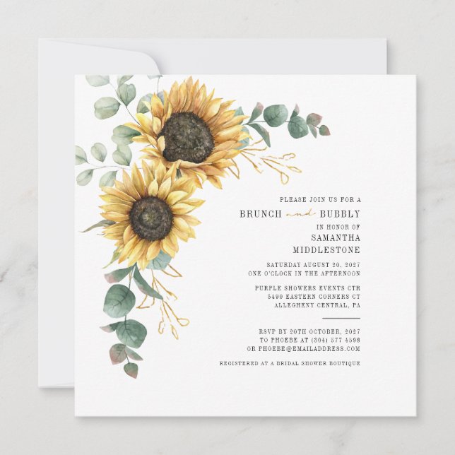 Invitación Ducha nupcial Eucalyptus Sunflower Brunch Bubbly (Anverso)