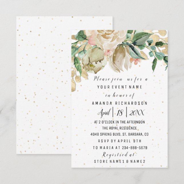 Invitación Ducha nupcial Flor Brunch Verde Confetal blanco (Anverso / Reverso)