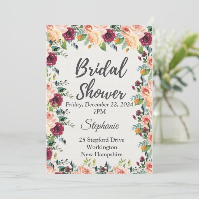 Invitación Ducha nupcial, flor en los alrededores (Anverso de pie)