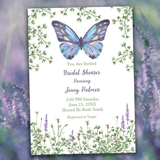 Invitación Ducha nupcial Flor silvestre azul mariposa verde (Subido por el creador)