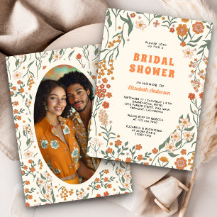 Invitación Ducha Nupcial Flor Silvestre Groovy Naranja Crema