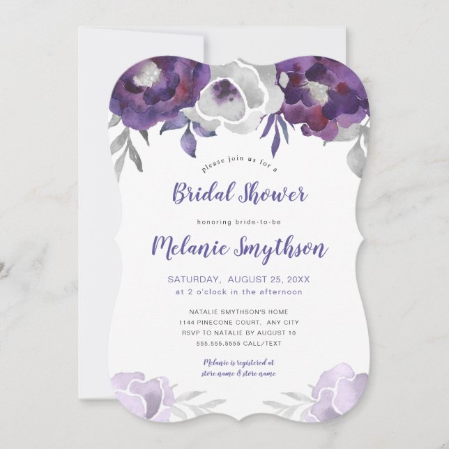 Invitación Ducha nupcial floral 3963 de la acuarela púrpura (Anverso)