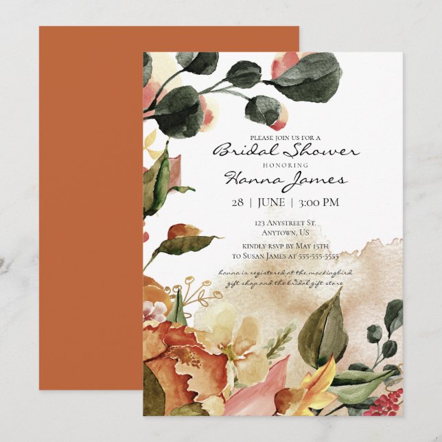 Invitación Ducha nupcial floral acuática de otoño (Anverso / Reverso)