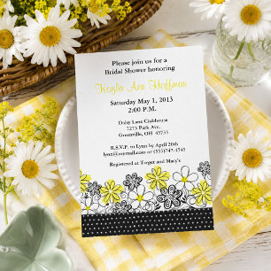 Invitación Ducha Nupcial Floral Amarillo y Negro Ditsy Daisy