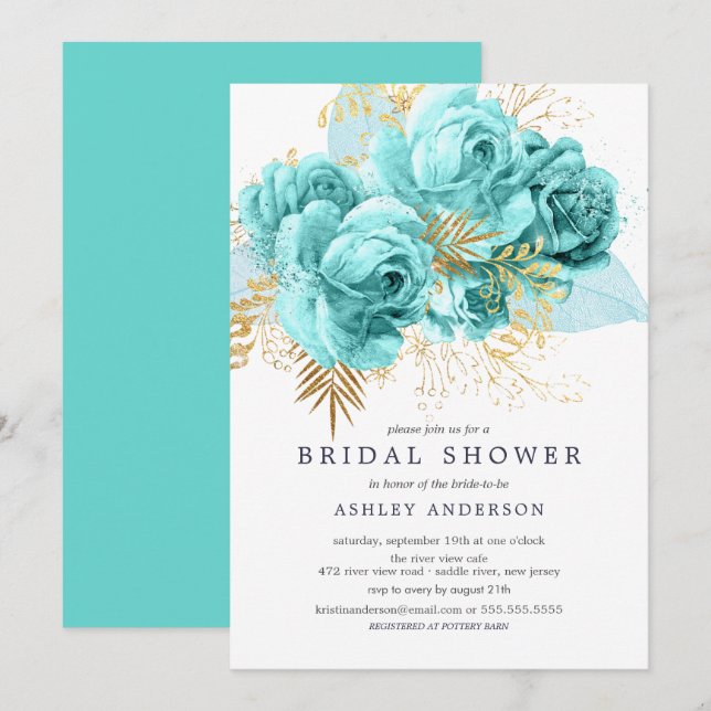 Invitación Ducha nupcial floral Aqua & Gold (Anverso / Reverso)