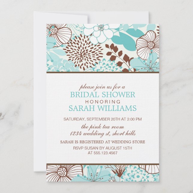 Invitación Ducha nupcial floral Aqua y Brown (Anverso)